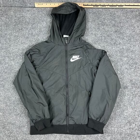 Nike Windbreaker Jacket Boys Size M Black Full Zip Hooded Lightweight Logo - Picture 1 of 8